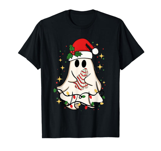 Cute Ghost Lights Tree Cake Merry Christmas Funny Xmas T-Shirt