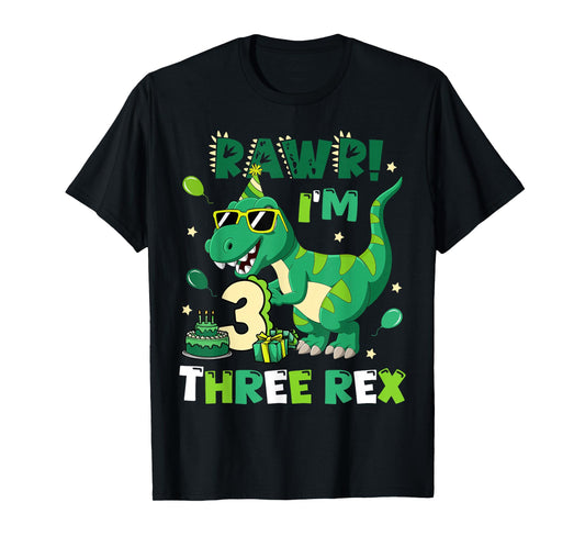 Kids Three Rex Birthday Party Outfit Dinosaur 3 Year Old Boy T-Shirt