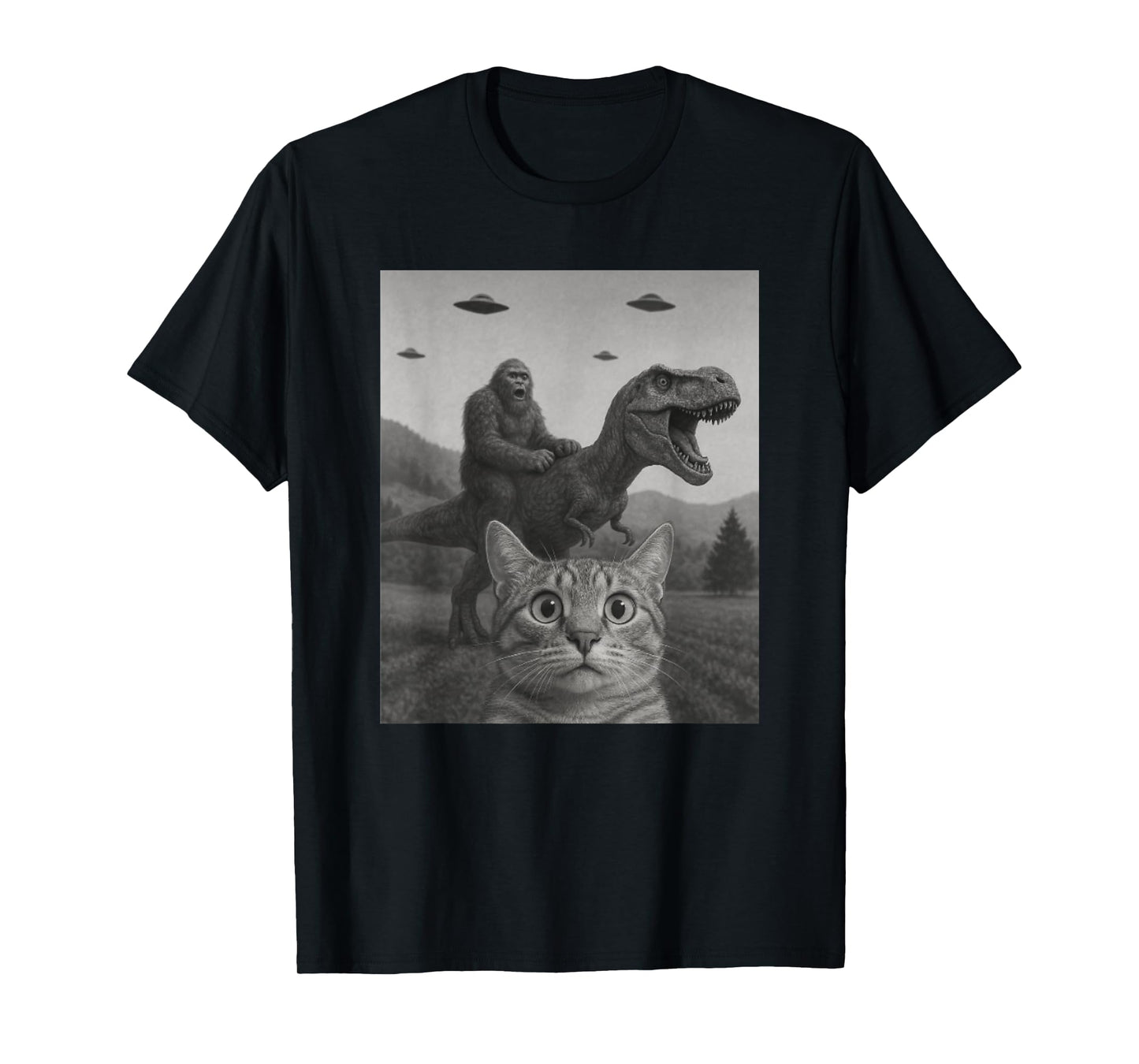 Cat Selfie with Bigfoot Riding T-rex Dinosaur Alien UFO Men Women Kids T-Shirt