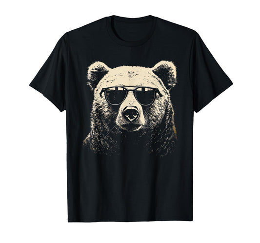 Funny Grizzly Bear Stencil With Sunglasses Punk Rock Art T-Shirt