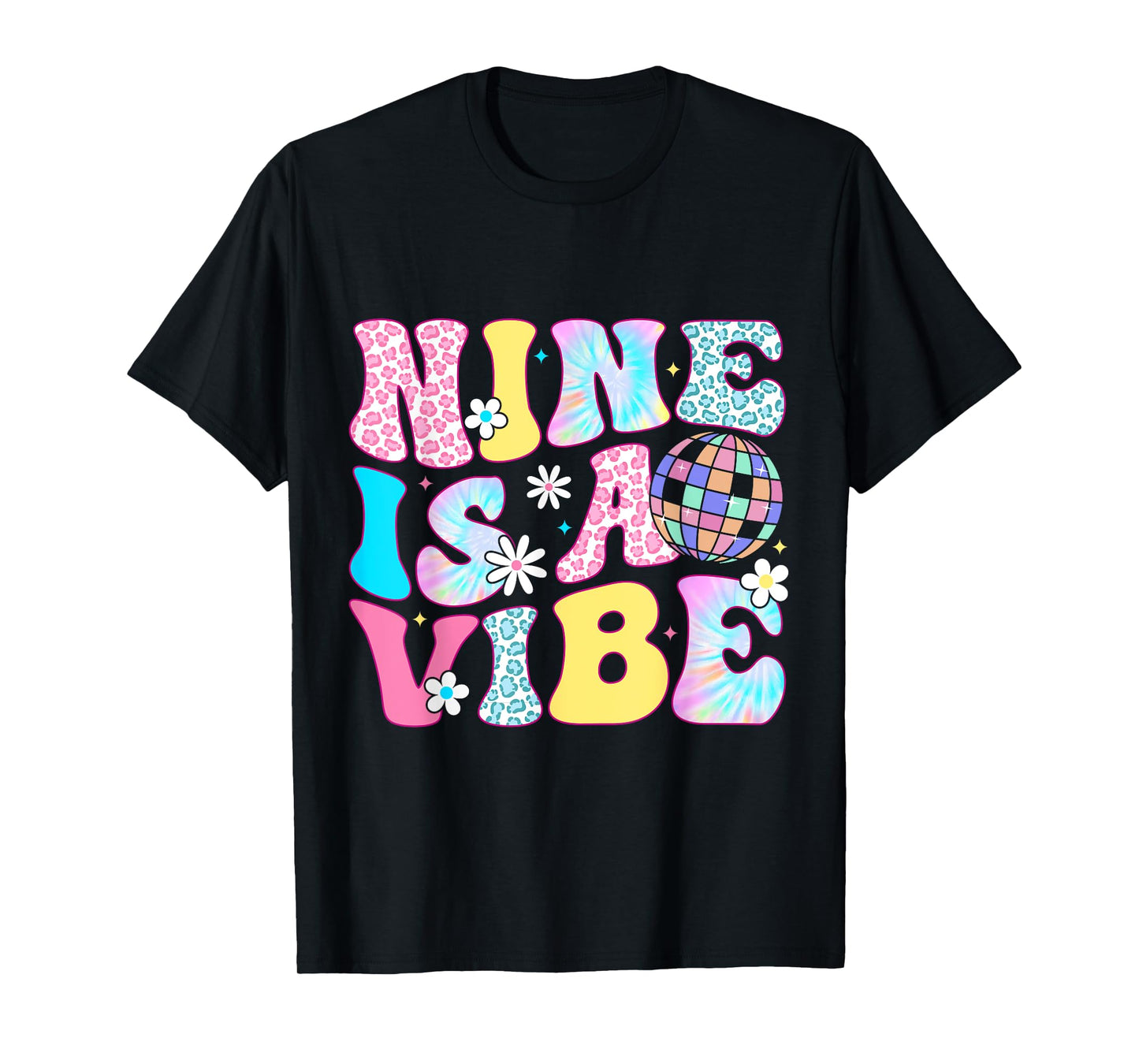 Nine Is A Vibe Leopard Print Disco 9th Birthday 9 Years Old T-Shirt