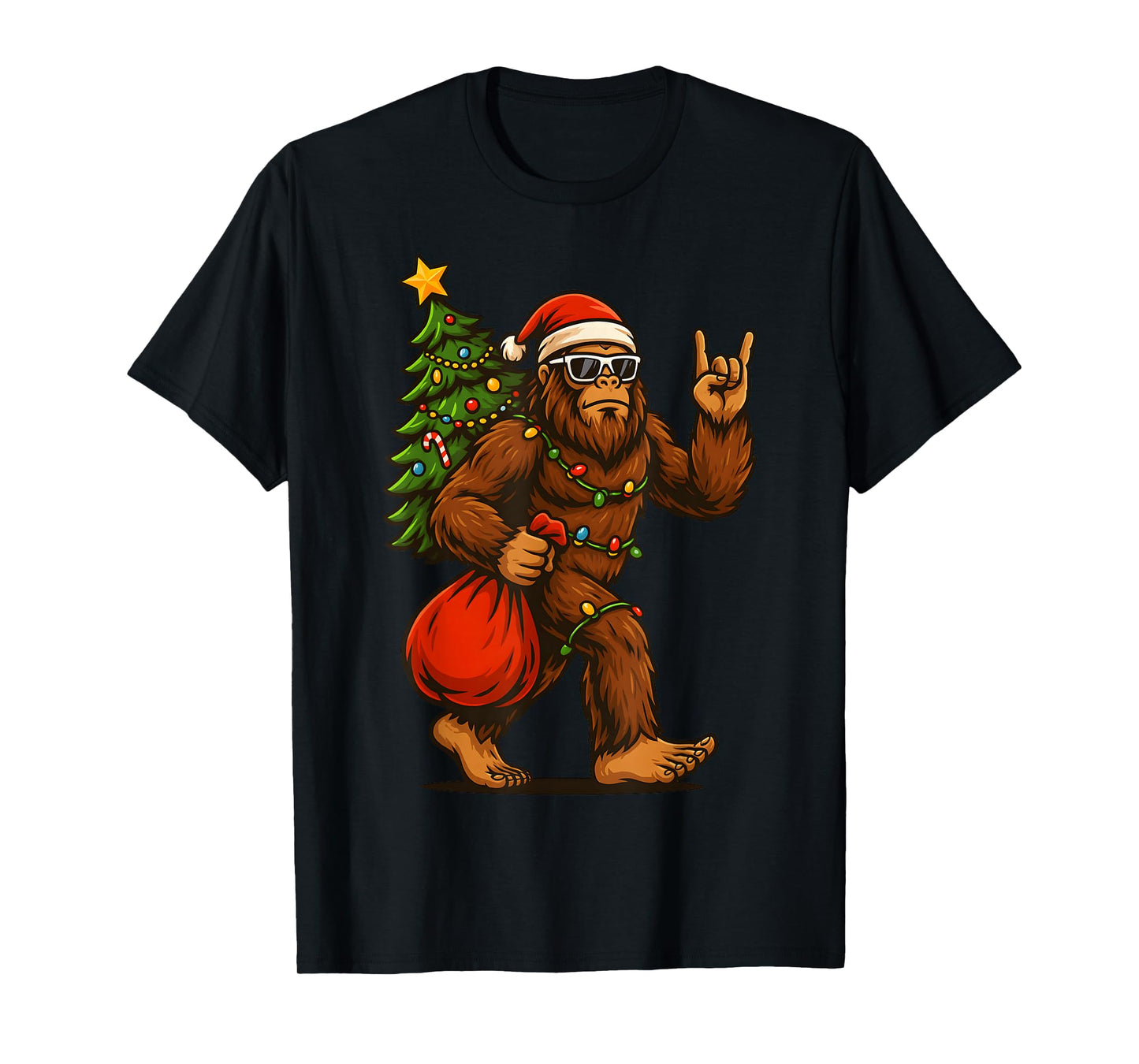 Santa Bigfoot Rock and Roll Christmas Tree Xmas Lights Mens T-Shirt