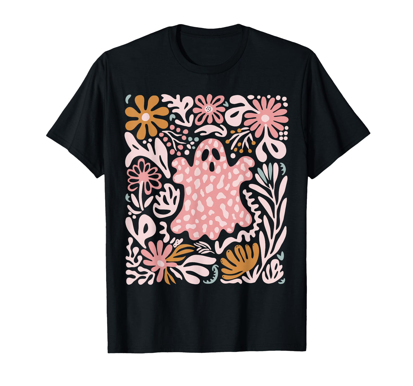 Boho Floral Fall Boho Ghost Cute Halloween Women Girl T-Shirt