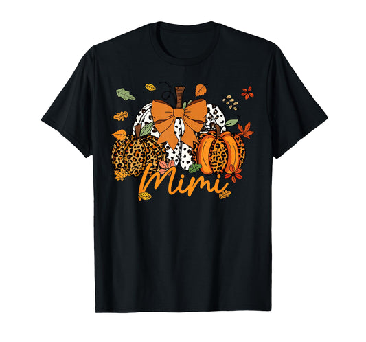 Mimi Thanksgiving Leopard Pumpkin Coquette Bow Mom Grandma T-Shirt
