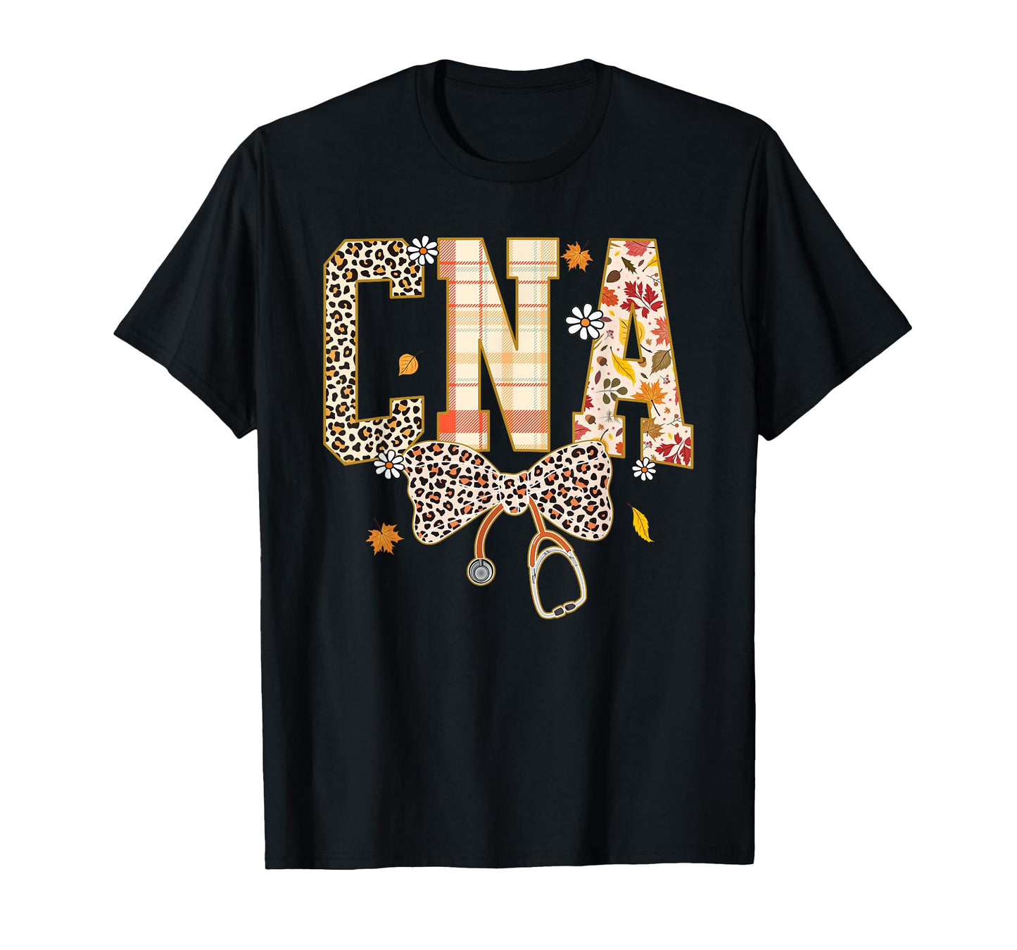 CNA Fall Plaid Leopard Bow Stethoscope T-Shirt