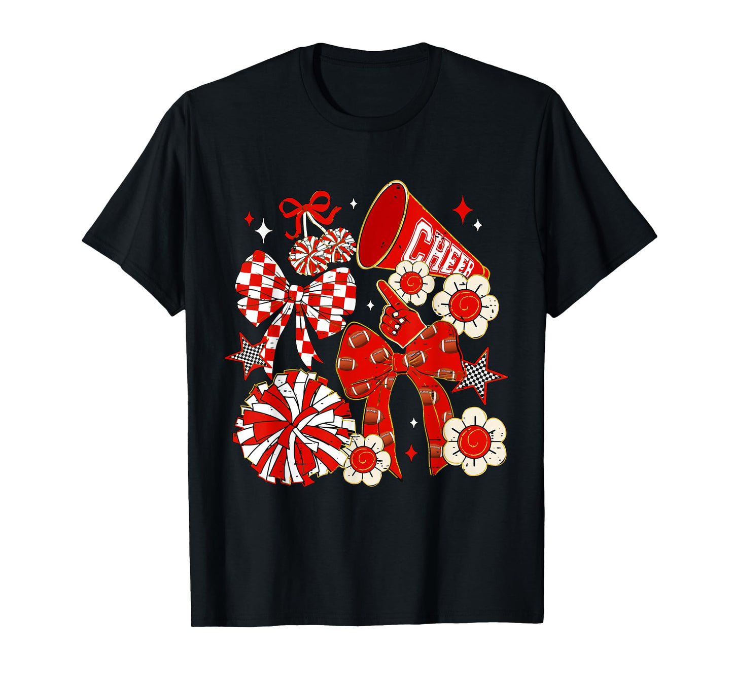 Coquette Bow Red Cheer Mom Game Day Football Cheerleader T-Shirt
