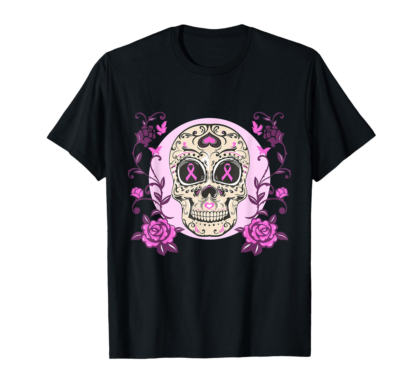 Sugar Skull Pink Ribbon Breast Cancer Awareness Calavera T-Shirt