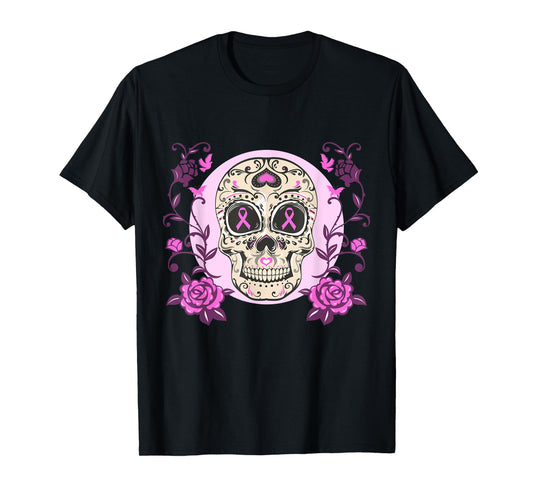 Sugar Skull Pink Ribbon Breast Cancer Awareness Calavera T-Shirt