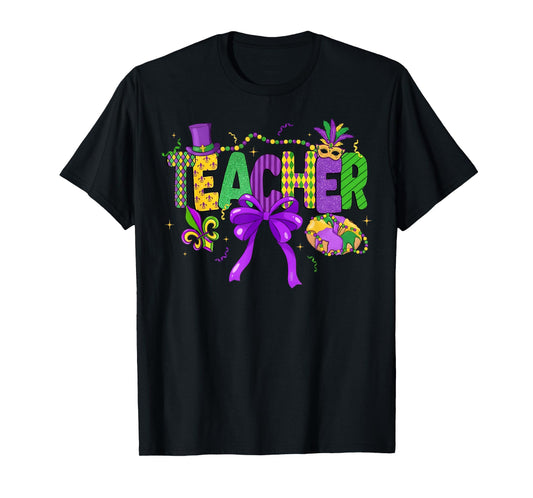 Mardi Gras Coquette Bow Masked King Cake Teacher Girl Women T-Shirt