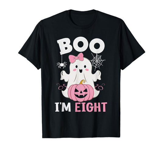 Ghost Boo I'm Eight Year 8th Birthday Girls Halloween Groovy T-Shirt
