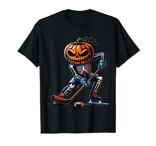 Skeleton Ice Hockey Halloween Pumpkin Hockey Mens Boys Kids T-Shirt