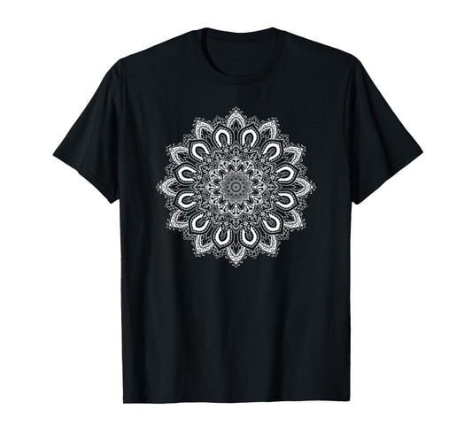 White Ornate Lotus Flower Yoga Mandala T-Shirt