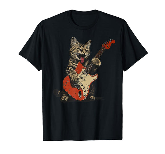 Rock and Roll Guitar Cat Vintage ROCK Guitarist Cat Men Women Girls Kids T-Shirt