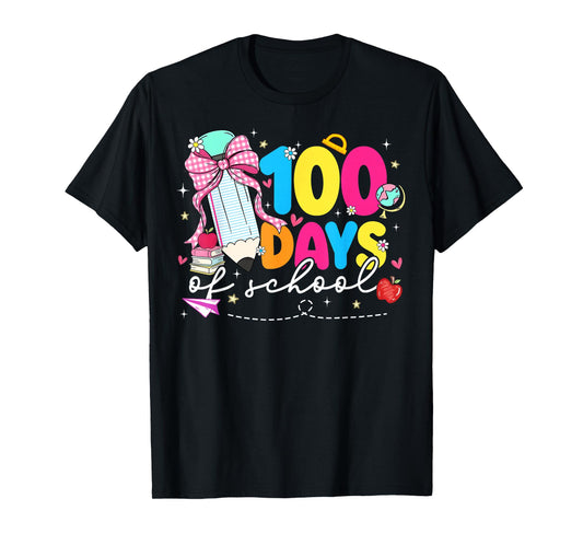 100 Days of School Girl Women Teacher Coquette Pencil Bow T-Shirt