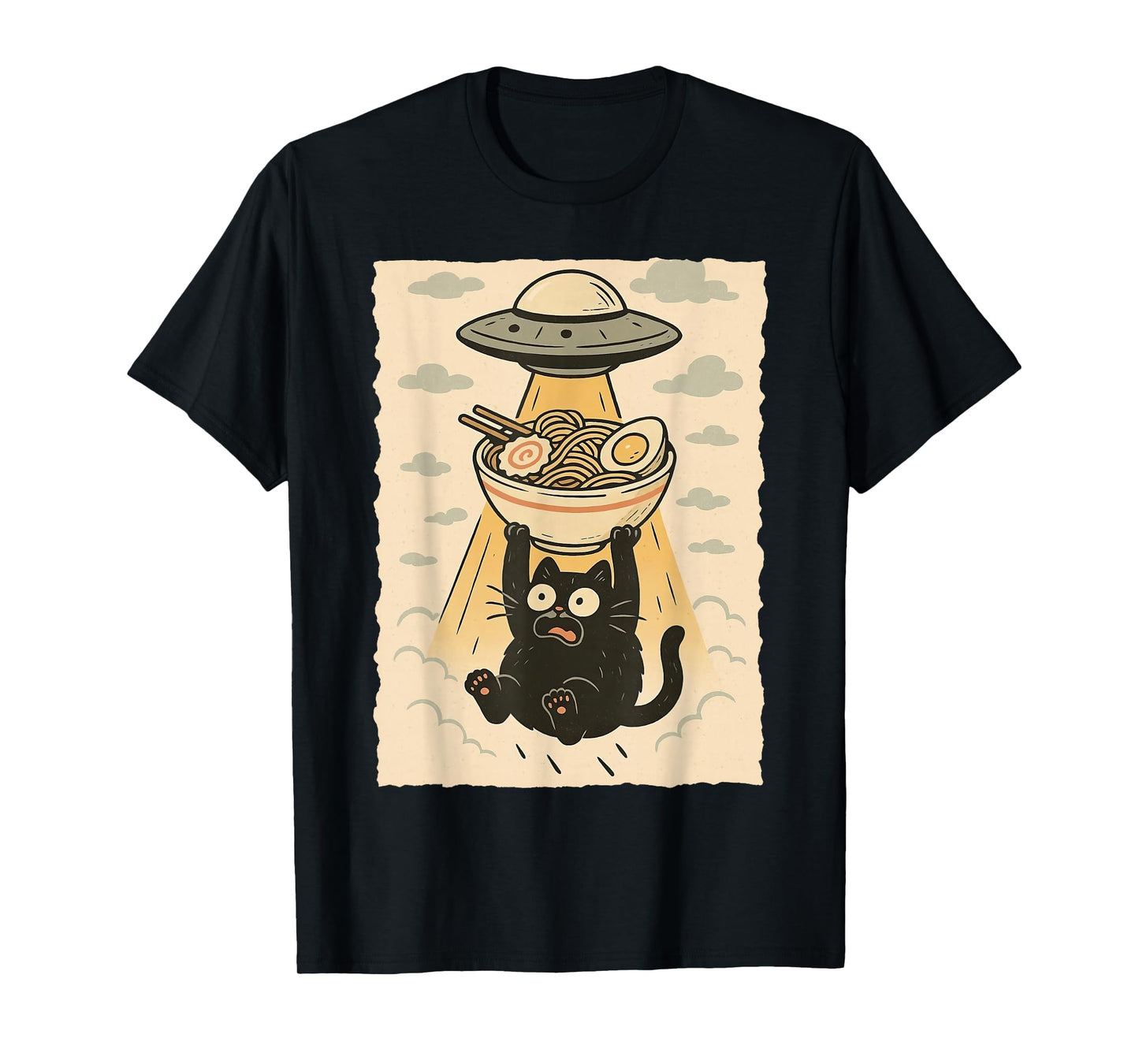 Funny Black Cat UFO Ramen Alien Abduction Graphic Tee Anime T-Shirt