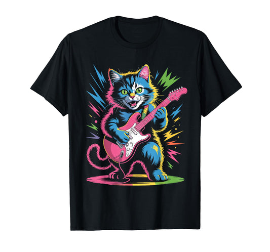 Rock Star Cat Playing Electric Guitar Roll Men Women Kids T-Shirt