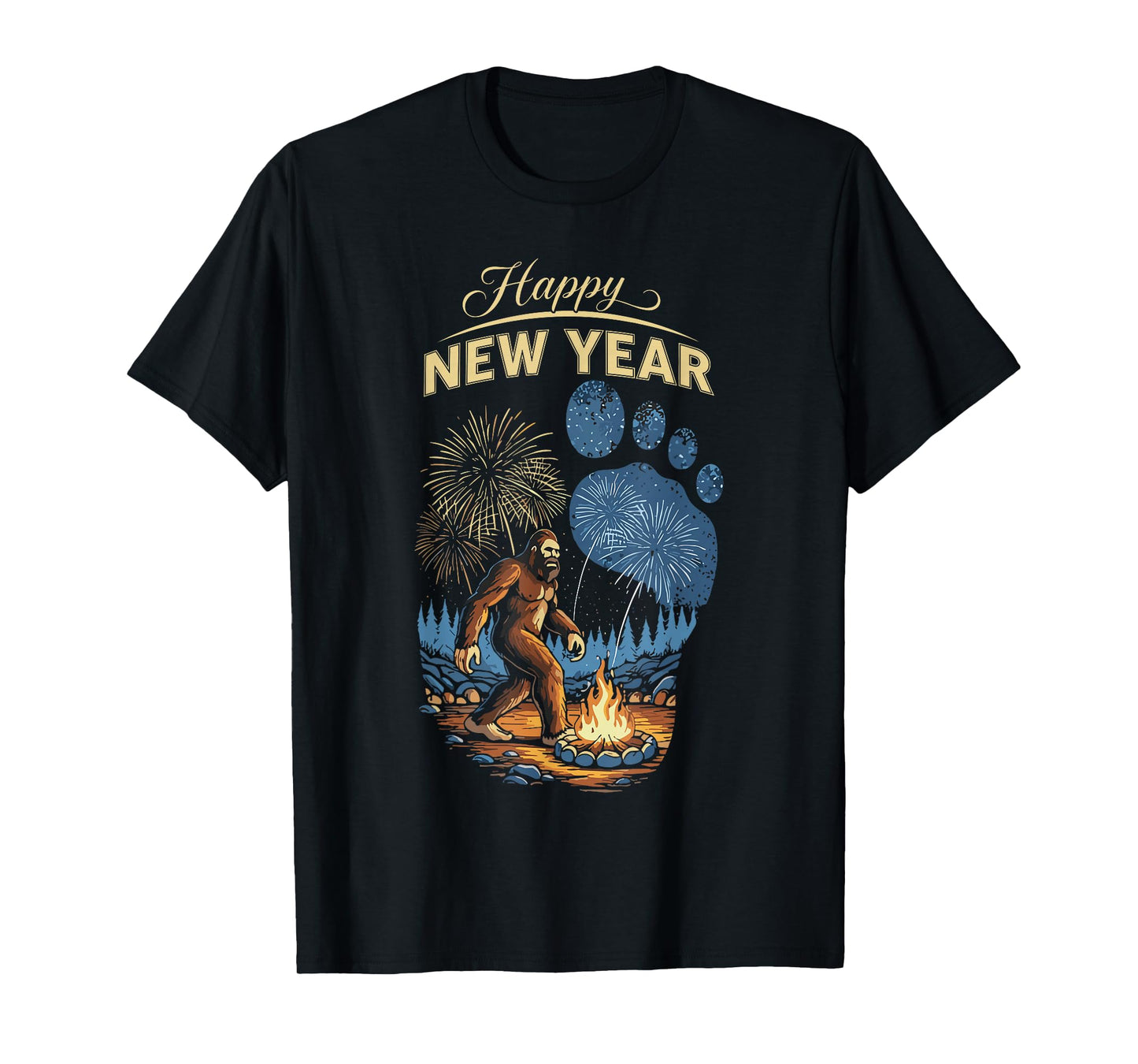 Funny Boys NYE Outfit, Mens Fireworks Bigfoot Happy New Year T-Shirt