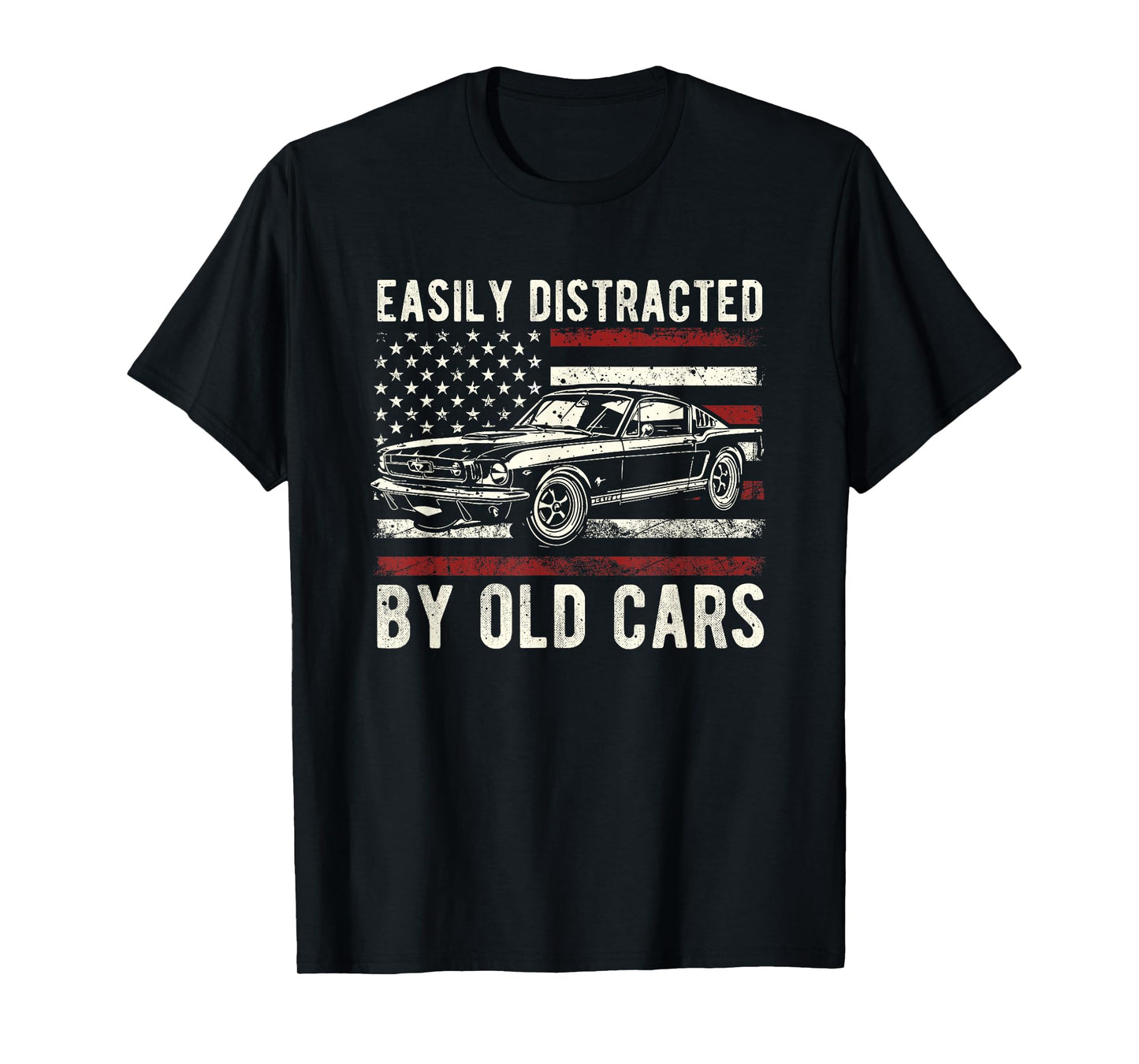 Easily Distracted by Old Cars Classic Vintage American Flag T-Shirt