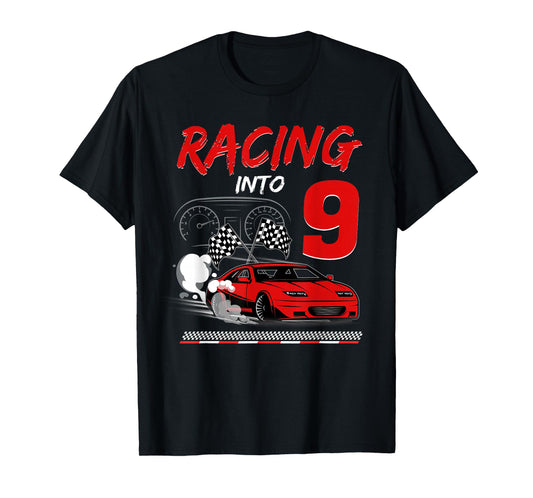 Racing into 9 Year Old Birthday Race Car 9th Boy Party T-Shirt