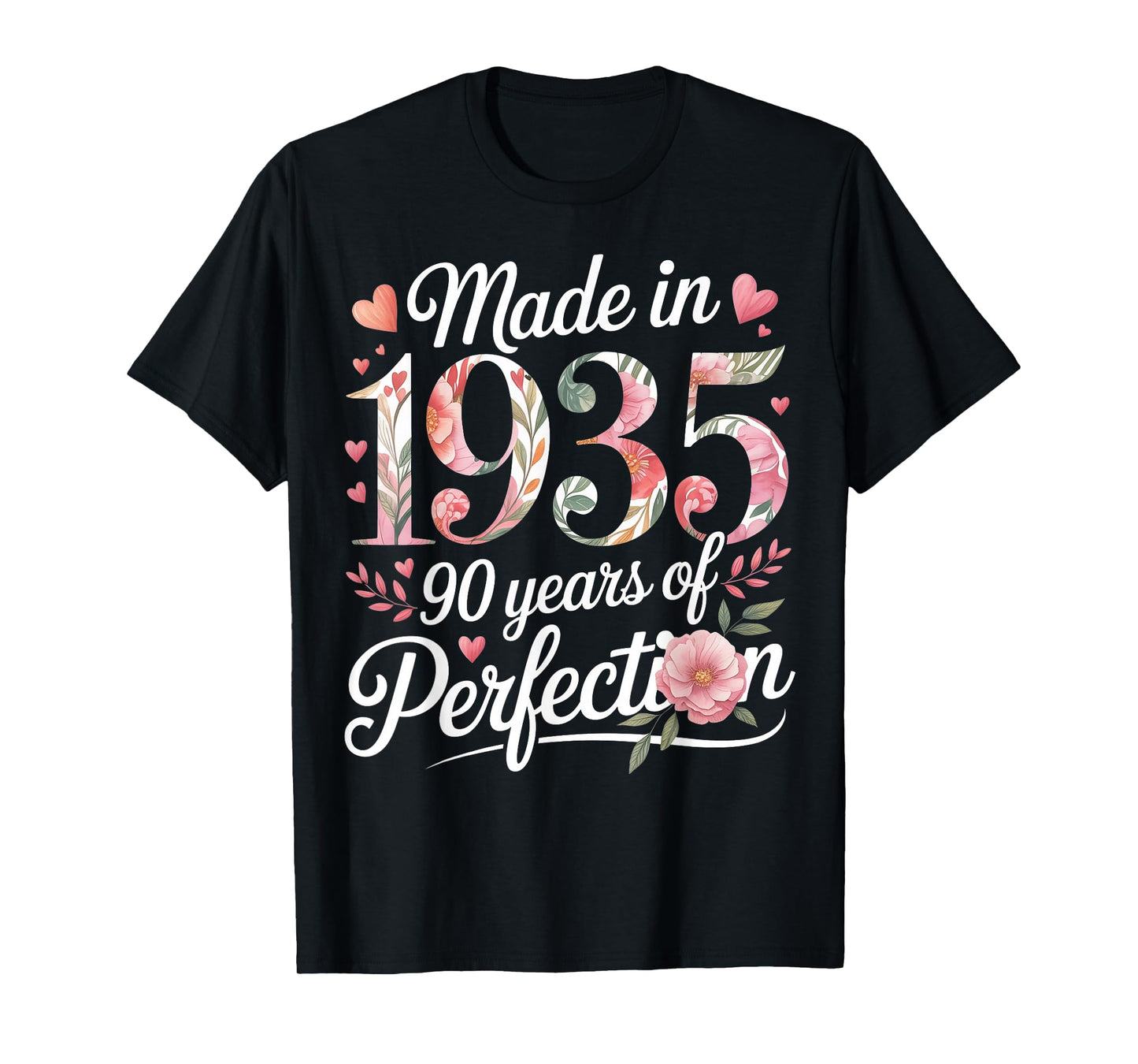 Made in 1935 90 Years of Perfection Floral 90th Birthday T-Shirt