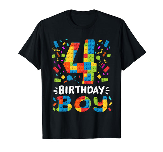 Kids 4 Years Old Building Blocks Builder 4th Birthday Boys T-Shirt