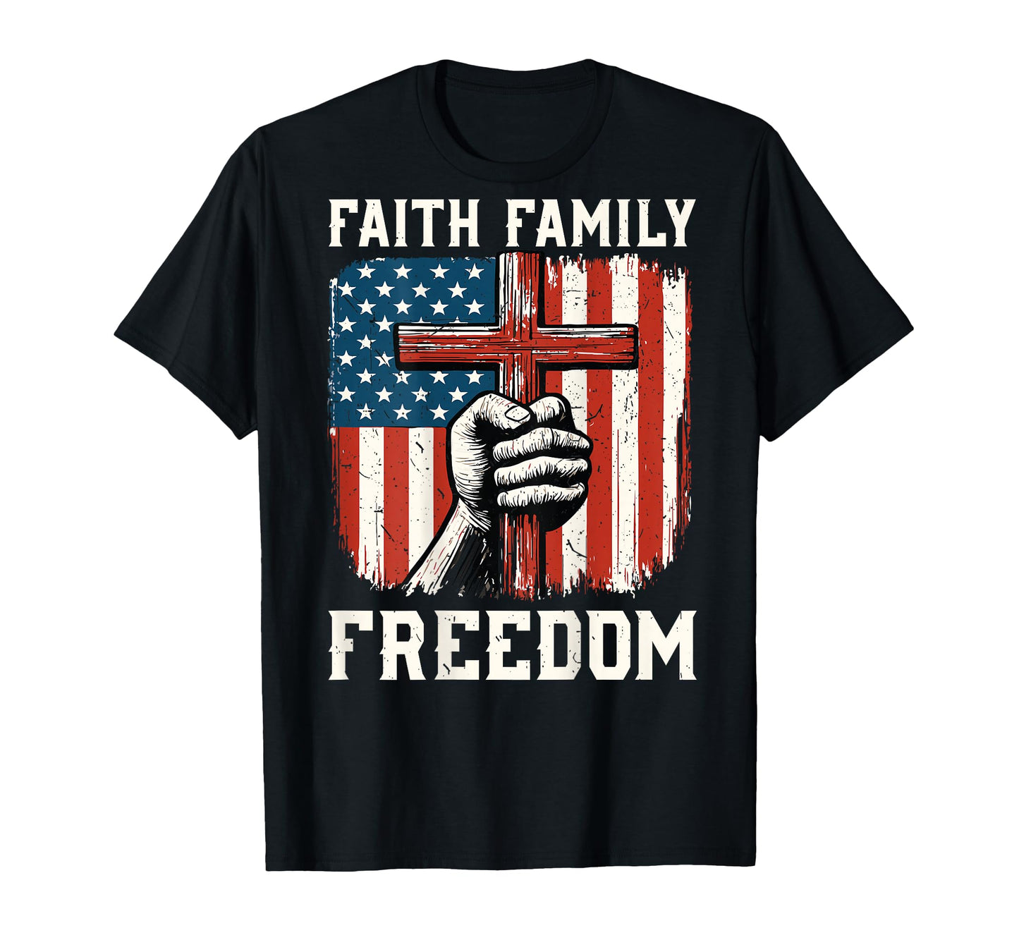 Patriotic Christian Faith Family Freedom American Flag Cross T-Shirt