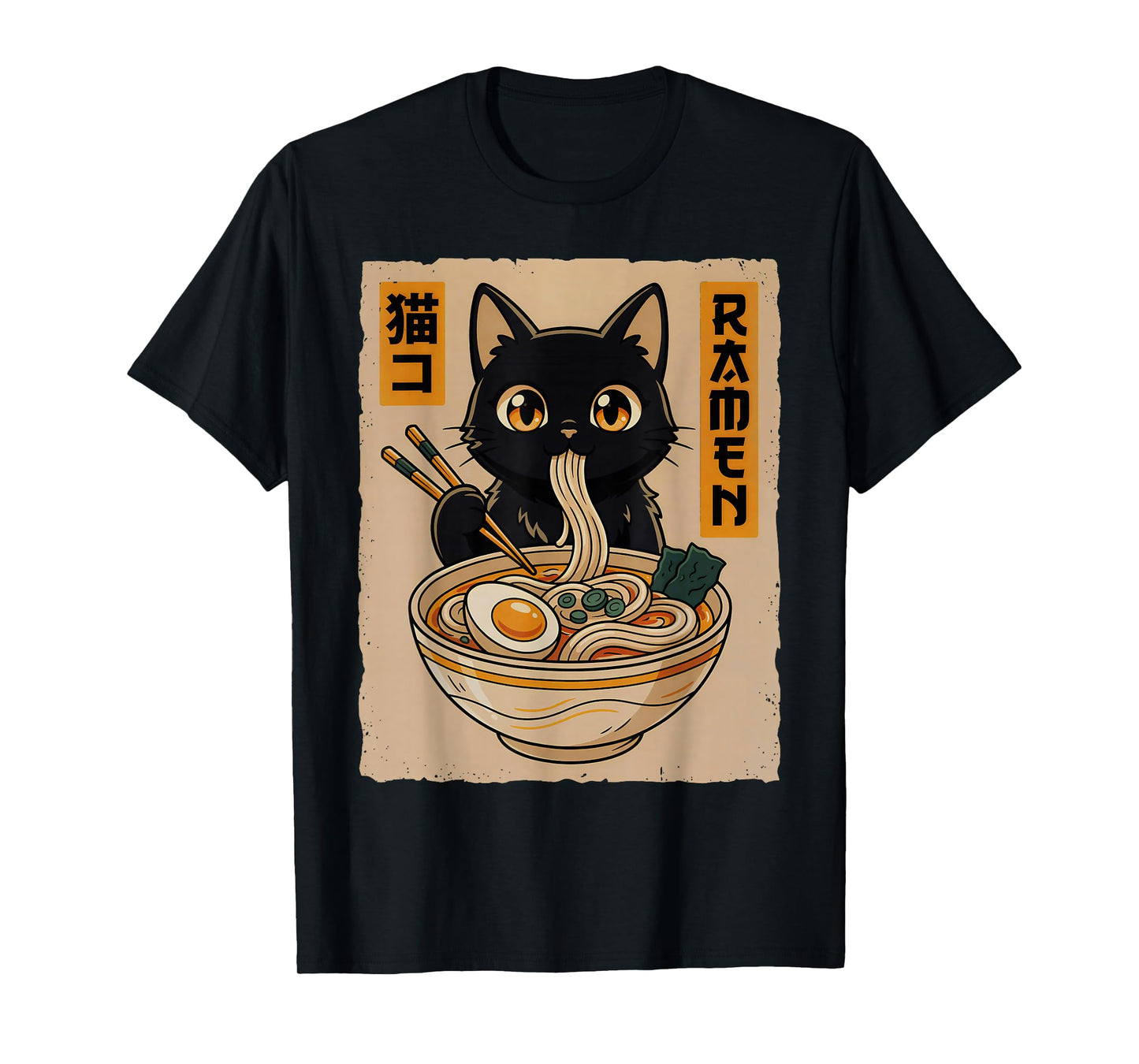 Funny Kawaii Anime Cat Eating Ramen Noodles Bowl Cat Lover T-Shirt