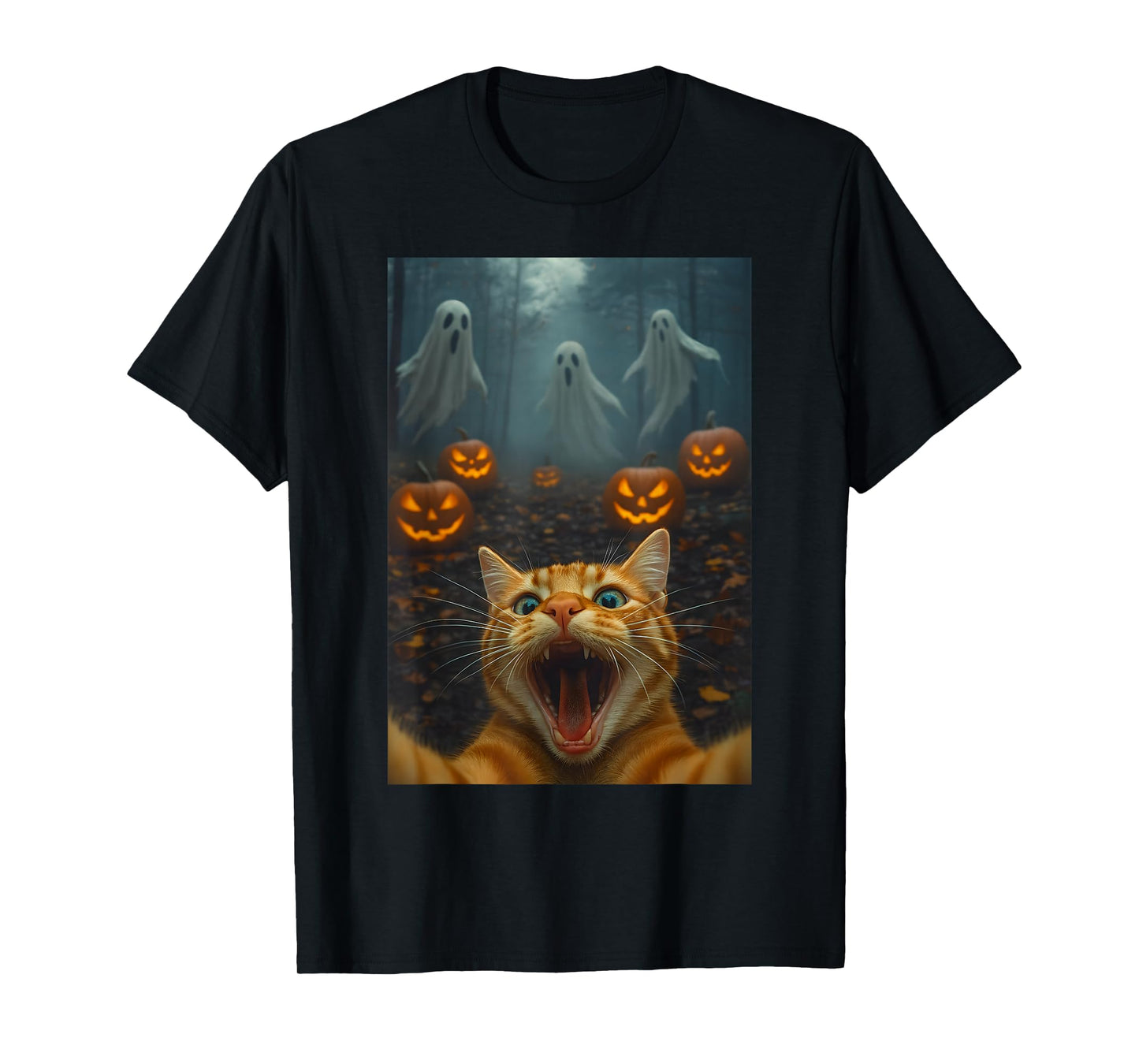 Spooky Halloween Funny Cat Selfie with Ghost Boo Pumpkin T-Shirt