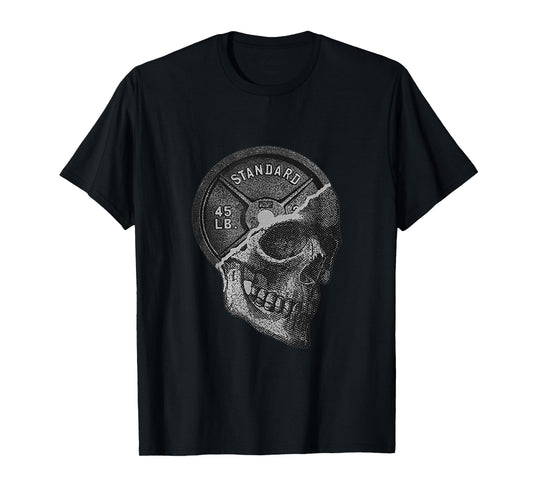 Skull & 45 lbs Plate Weight Lifting Graphic Gym Working Out T-Shirt