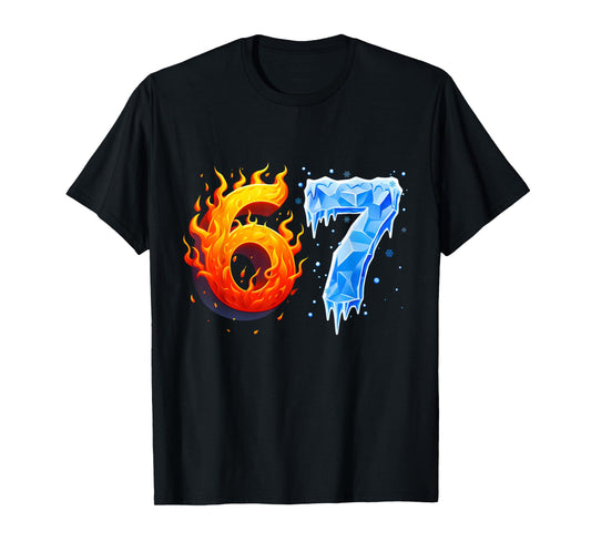 67 Six Seven 6-7 Flaming Ice Funny Teen Kids Brainrot Meme T-Shirt