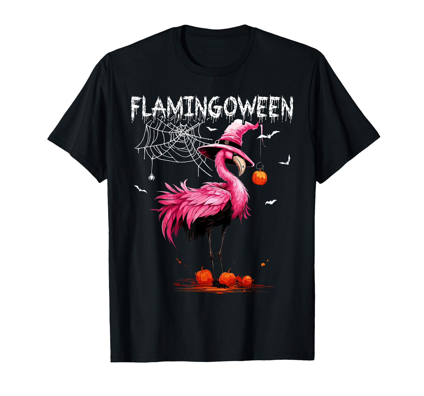 Flamingoween Pink Flamingo Witch Hat Pumpkin Halloween T-Shirt