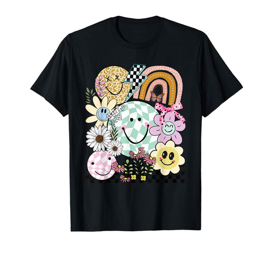 Funny Checkered Happy Smiling Smile Face Daisy Flower Girl T-Shirt