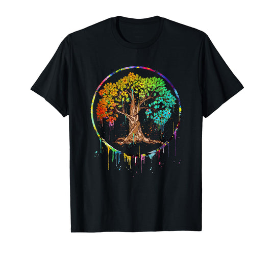 Colorful Tree Life is Really Good Tree Art Watercolor Circle T-Shirt
