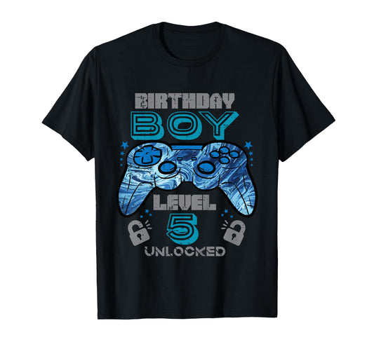 Kids 5th Birthday Gamer Level 5 Unlocked Video Gaming Bday Boys T-Shirt