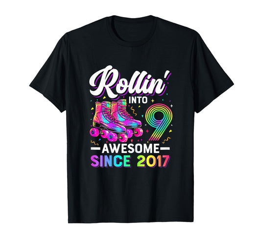 9th Birthday Shirt Girl Nine 9 Year Old Roller Skate Skating T-Shirt