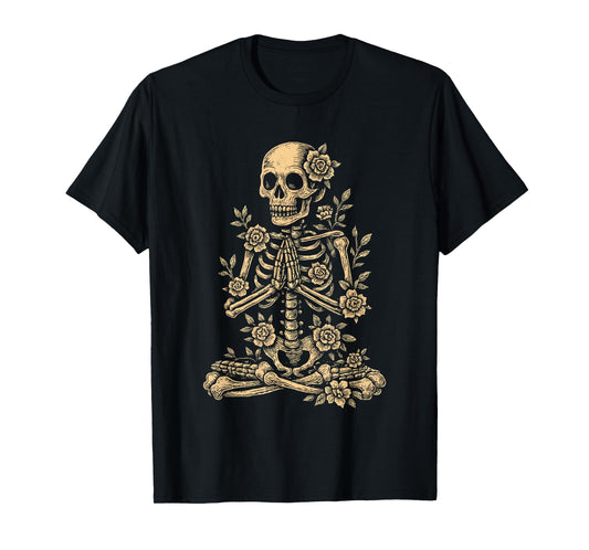 Halloween Yoga Skeleton Meditating Floral T-Shirt