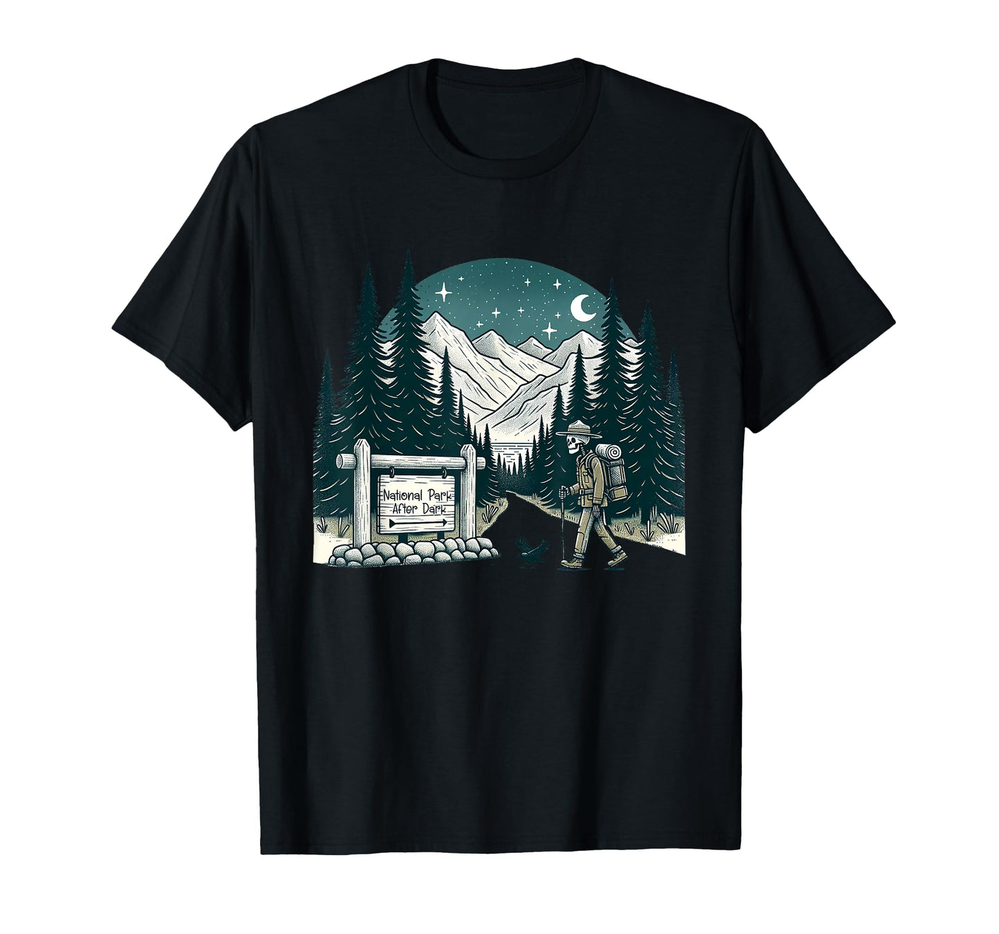 Vintage Retro National Park After Dark Skeleton Hiking Camping Outdoor T-Shirt, Small