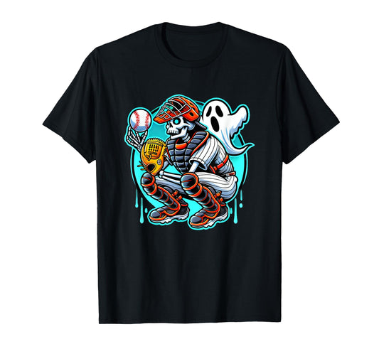 Halloween Skeleton Baseball Catcher T-Shirt