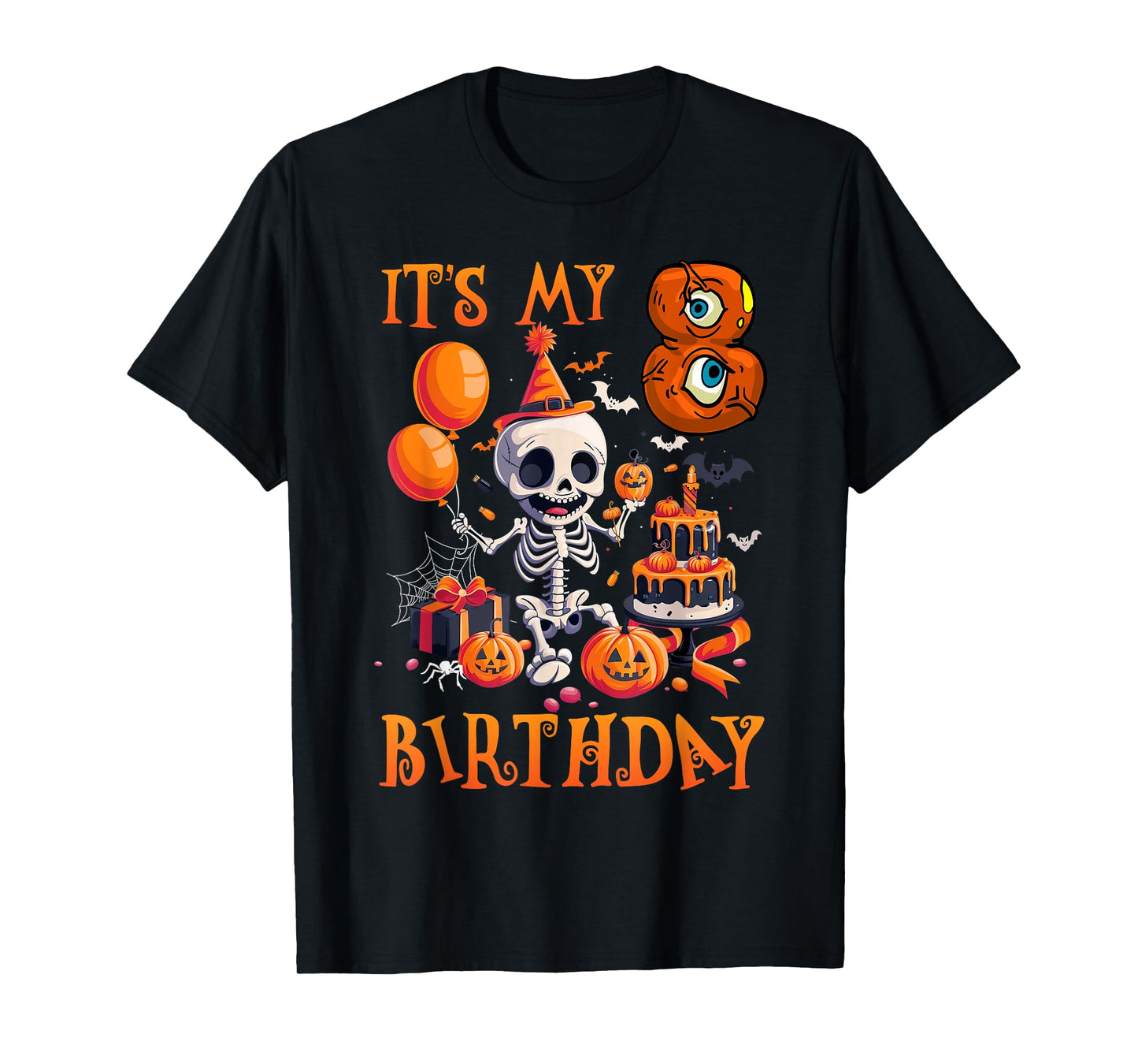 Kids Boo It's My 8th Birthday Halloween Skeleton 8 Years Old T-Shirt