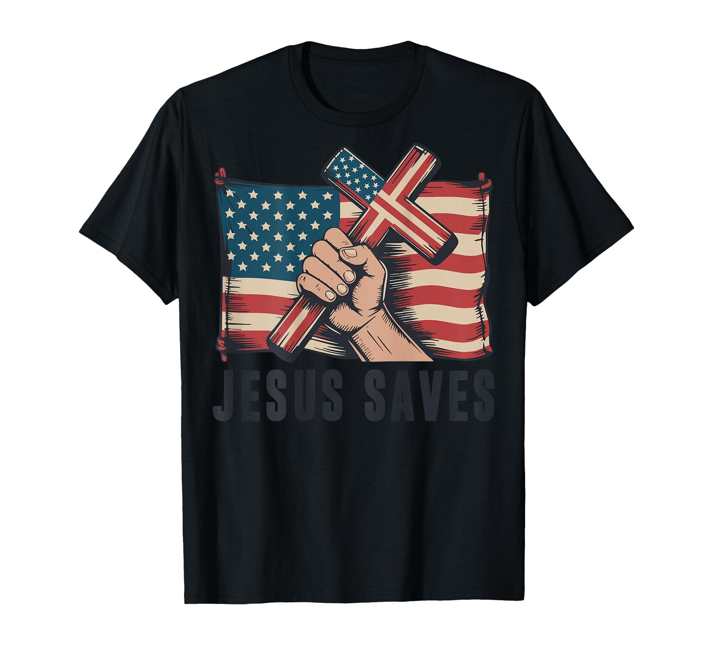 White Jesus Saves American Flag Christian Patriotic Cross T-Shirt