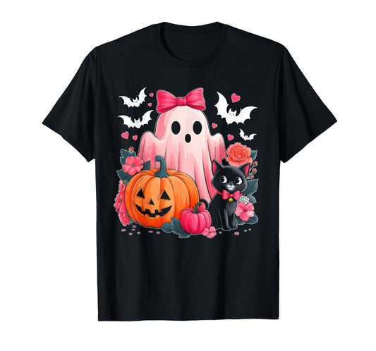 Cute Floral Pink Ghost Pumpkin Black Cat Halloween Costume T-Shirt