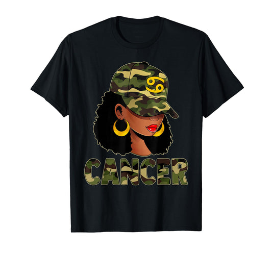Cancer Queen Camouflage Black Woman Cap Zodiac Sign T-Shirt