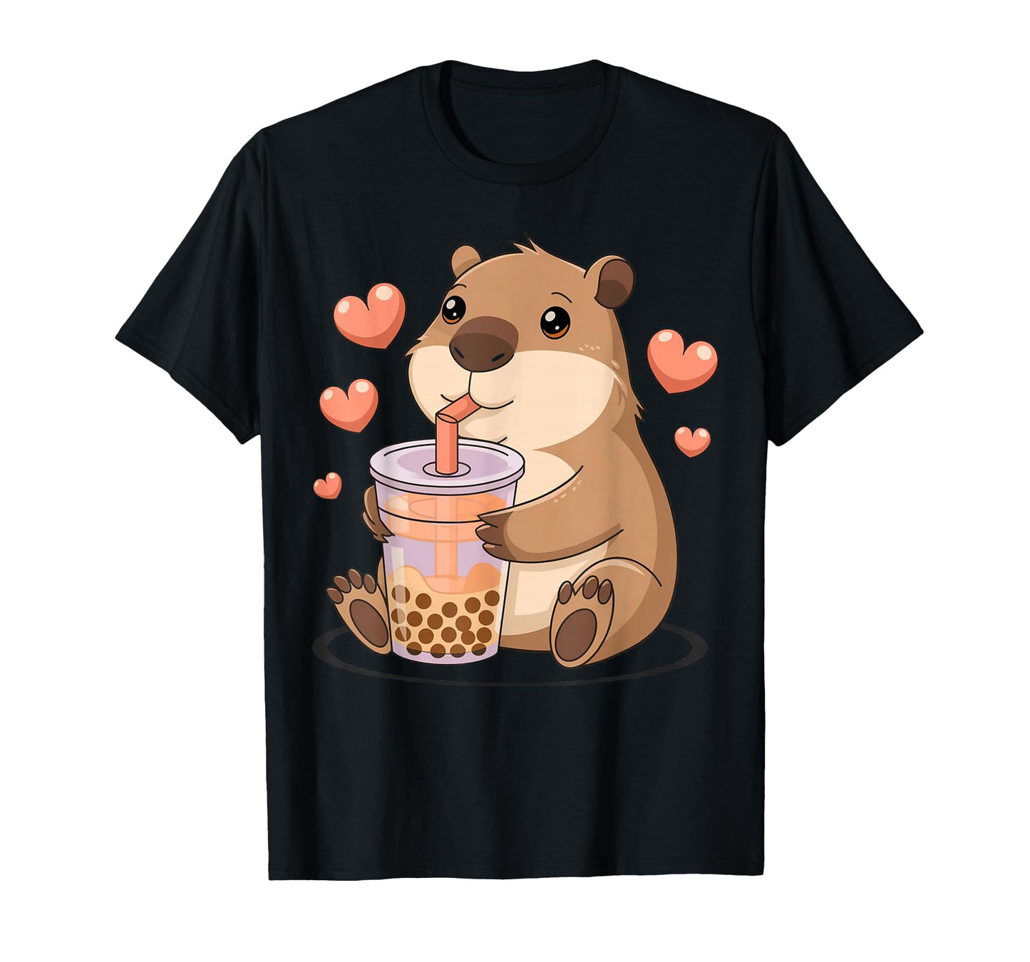 Cute Heart & Capybara Kawaii Drinking Bubble Tea Lover Girls T-Shirt