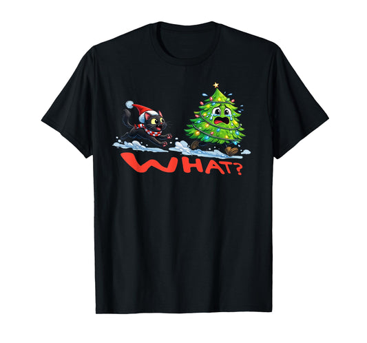 Funny Black Cat Gifts Chasing Christmas Tree Over Cat What? T-Shirt