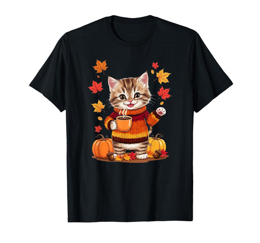 Cute Kitten With Sweater Funny Fall Graphic T-Shirt