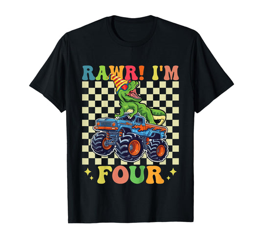 Kids 4th Birthday Monster Truck Dinosaur Party Boys Rawr I'm 4 T-Shirt
