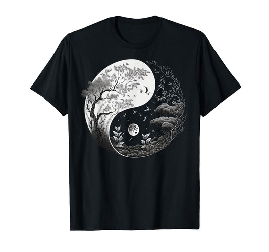 Black and White Taoism Yin Yang on Nature Taijitu Yin Yang T-Shirt