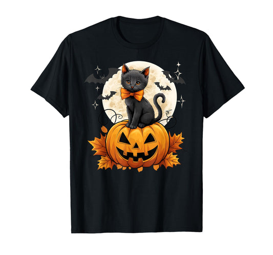 Retro Black Cat Halloween Pumpkin Costume Women Kids Girls T-Shirt