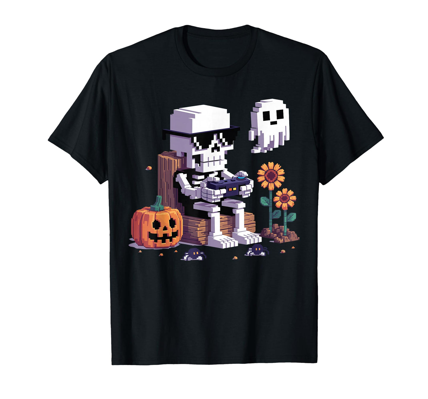 Funny Halloween Skeleton Gamer Pixel Video Gaming Boys Kids T-Shirt