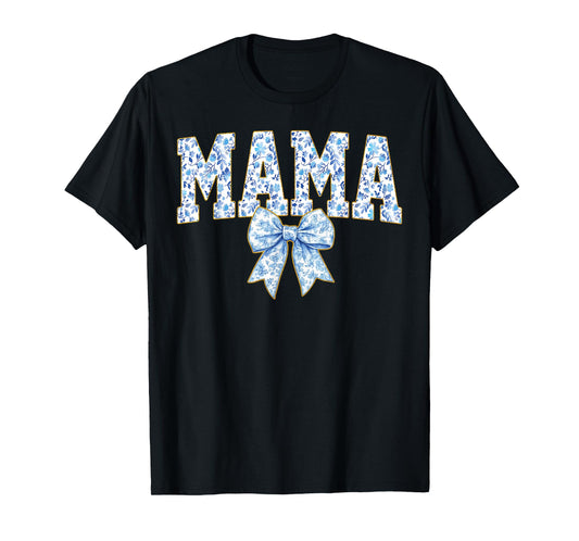 Mama Coquette Bow Groovy Blue Floral Mother's Day Mom Life T-Shirt